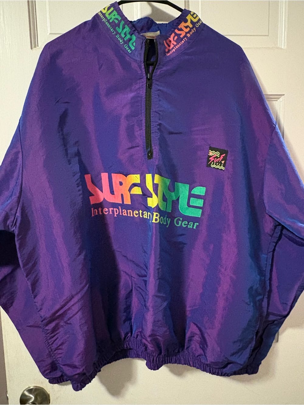 surf style Purple Pullover Windbreaker with Pink Logo Detail